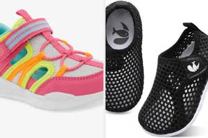 Two pairs of children's shoes: a colorful athletic sandal with straps and a mesh water shoe in black, both ideal for active play