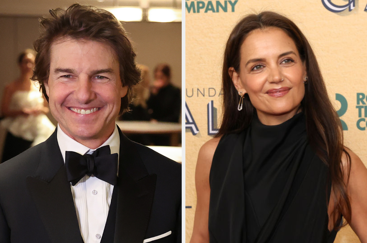 Tom Cruise in a tuxedo and Katie Holmes in a sleeveless black dress at separate events