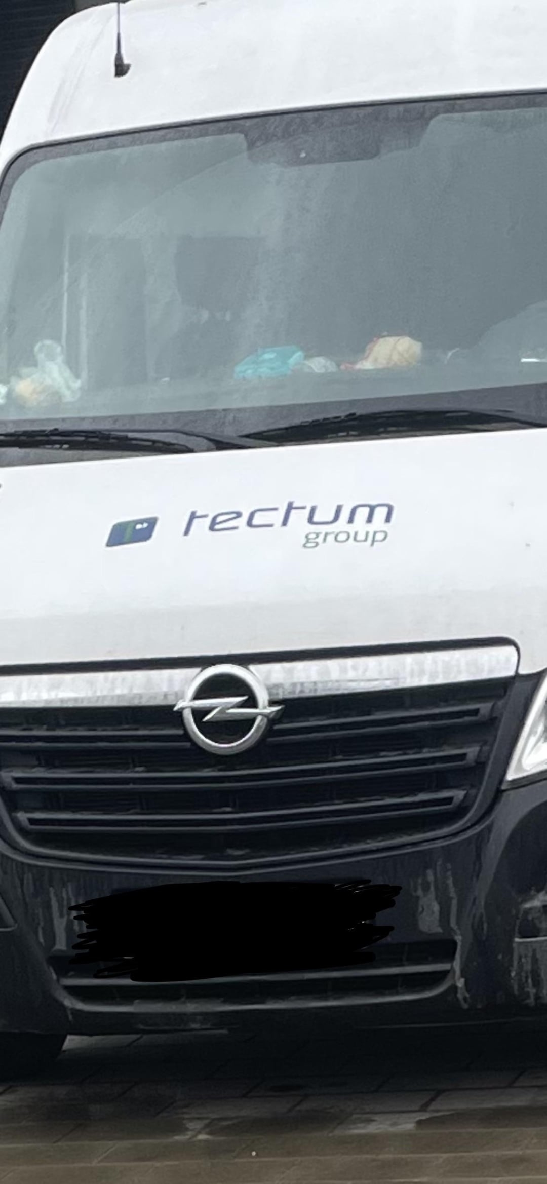 A van with the logo &quot;tectum group&quot; is displayed on the front, but it appears to read &quot;rectum group&quot; because of the oddly shaped t&#x27;s in this font