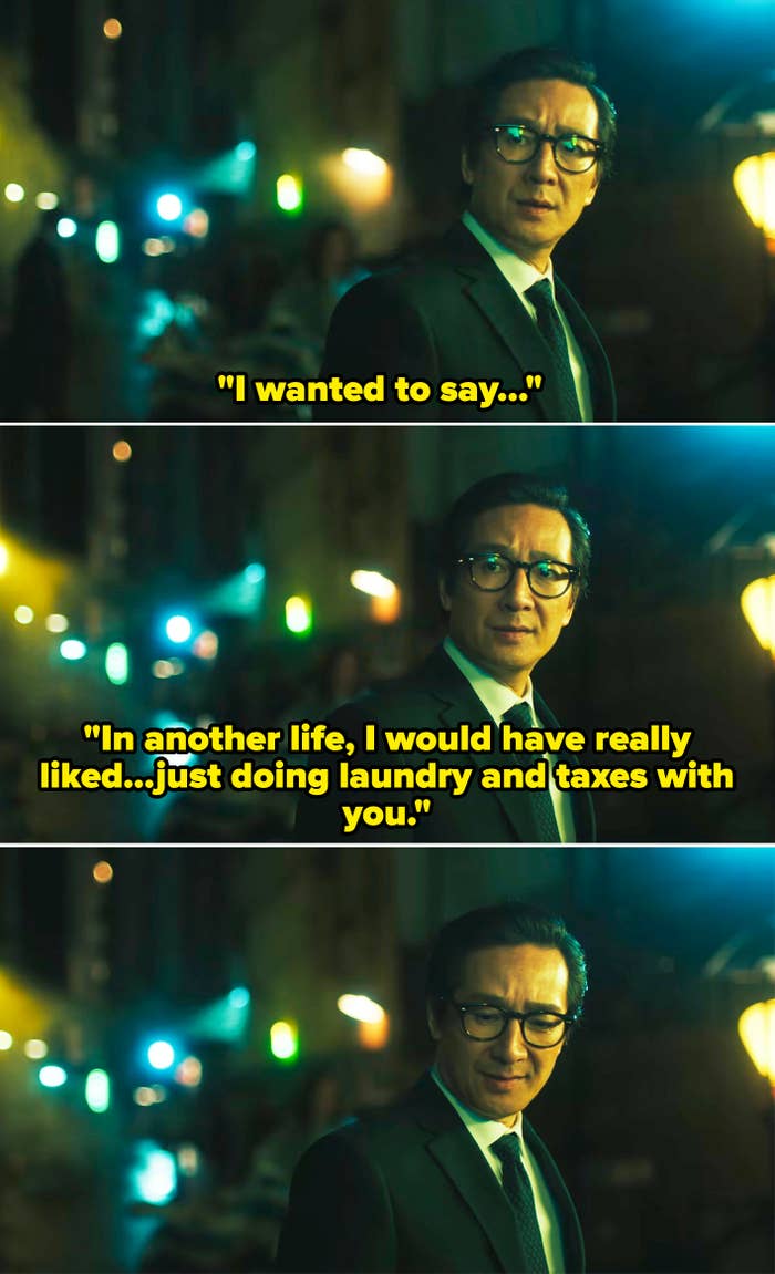 Ke Huy Quan in three scenes from a TV show or movie, wearing a suit and glasses, in a dimly-lit street setting