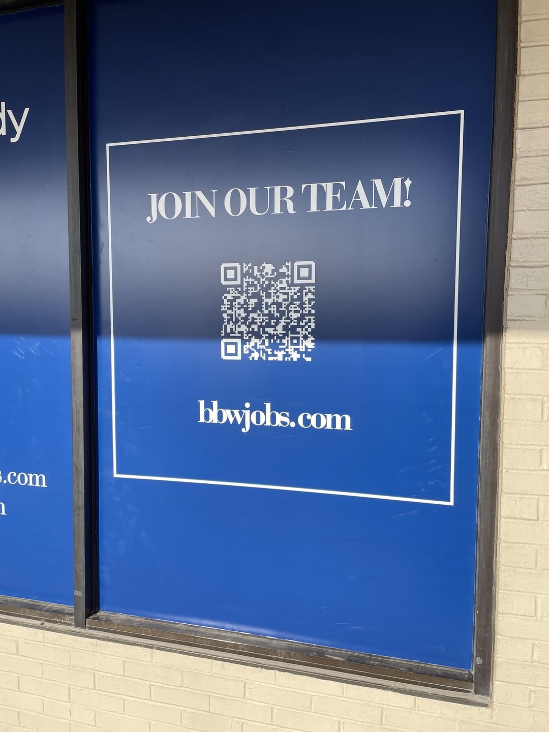 A blue sign with &quot;Join our team!&quot; and a QR code. The website bbwjobs.com is displayed at the bottom, but it looks like &quot;blowjobs.com&quot;