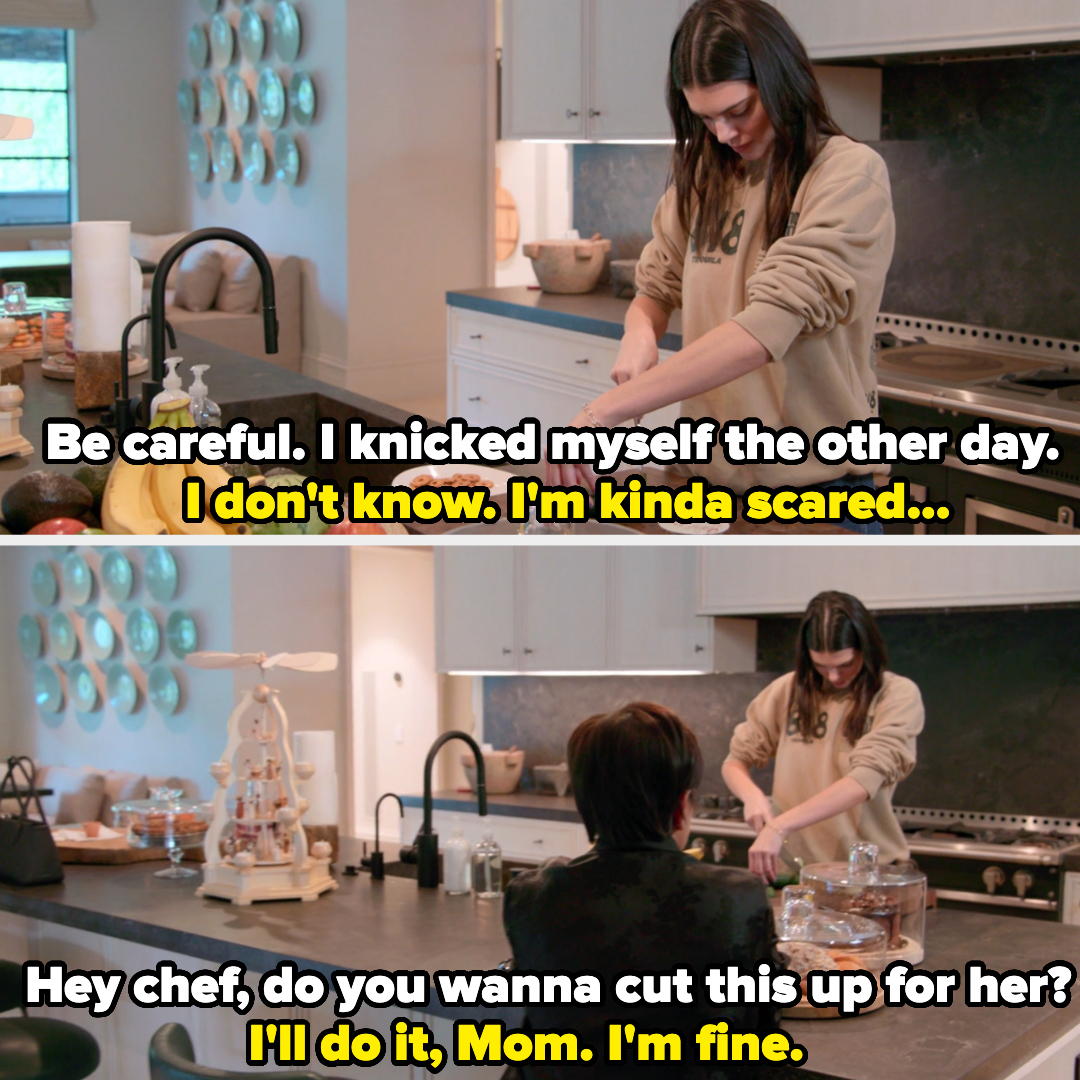 Kris calls for the chef to cut the cucumber, but Kendall insists she&#x27;s fine. Her arms are twisted around the cucumber.