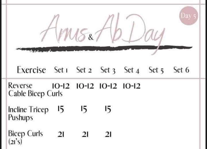 A workout schedule titled &quot;Arms &amp;amp; Ab Day,&quot; but the R and M in arms are too interconnected, making it appear to read &quot;Anus &amp;amp; Abs Day&quot;