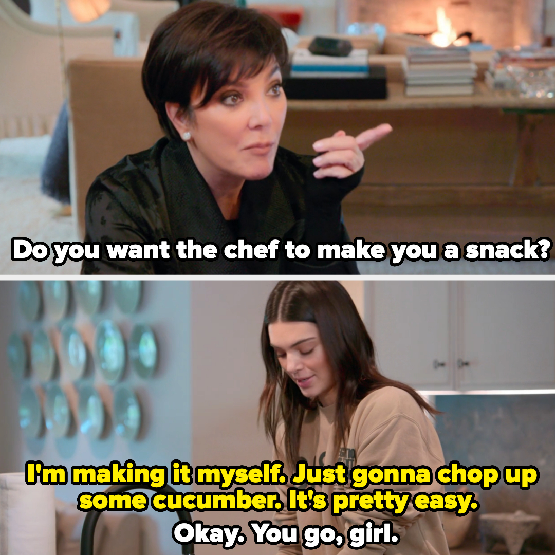 Kris Jenner and Kendall Jenner talking in a kitchen setting. Kris asks if the chef should make a snack, and Kendall replies she will chop a cucumber herself