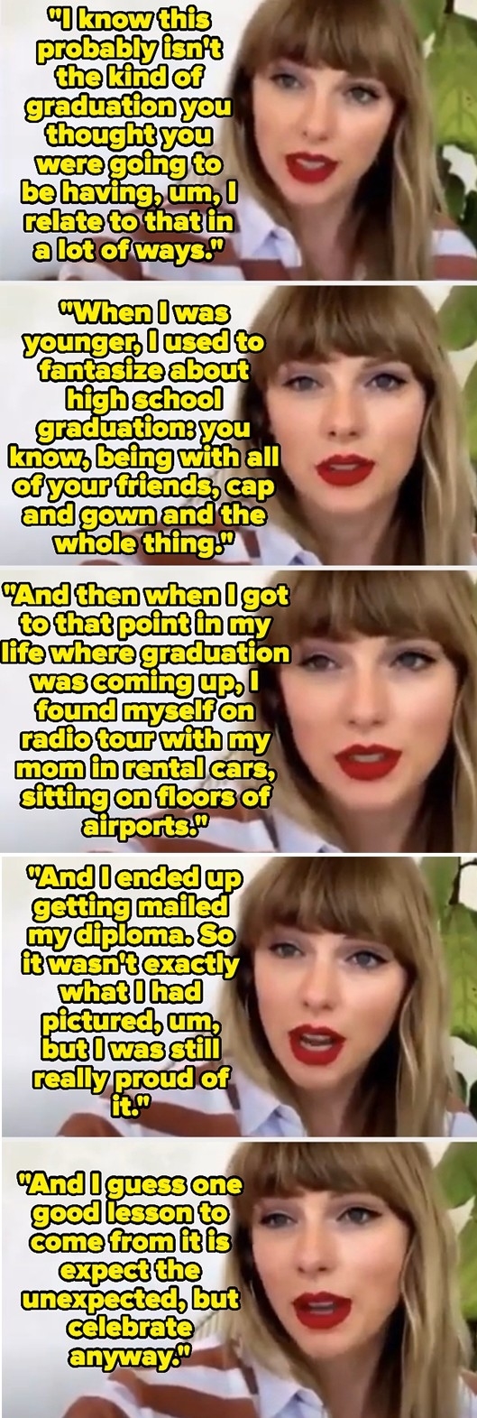 Taylor Swift speaking about her high school graduation experience, key plans, and subsequent music career transformation