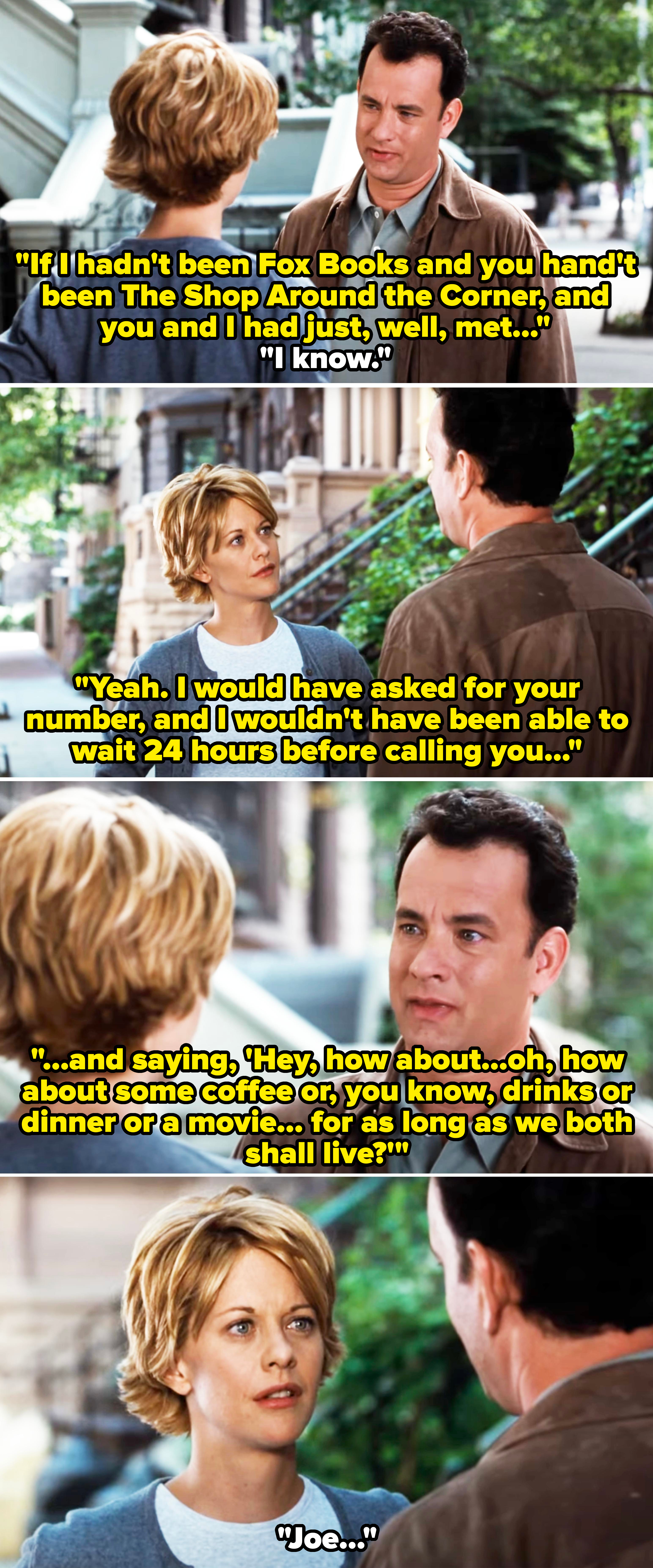 Tom Hanks and Meg Ryan are engaged in a conversation on a city sidewalk scene from the movie &quot;You&#x27;ve Got Mail.&quot;
