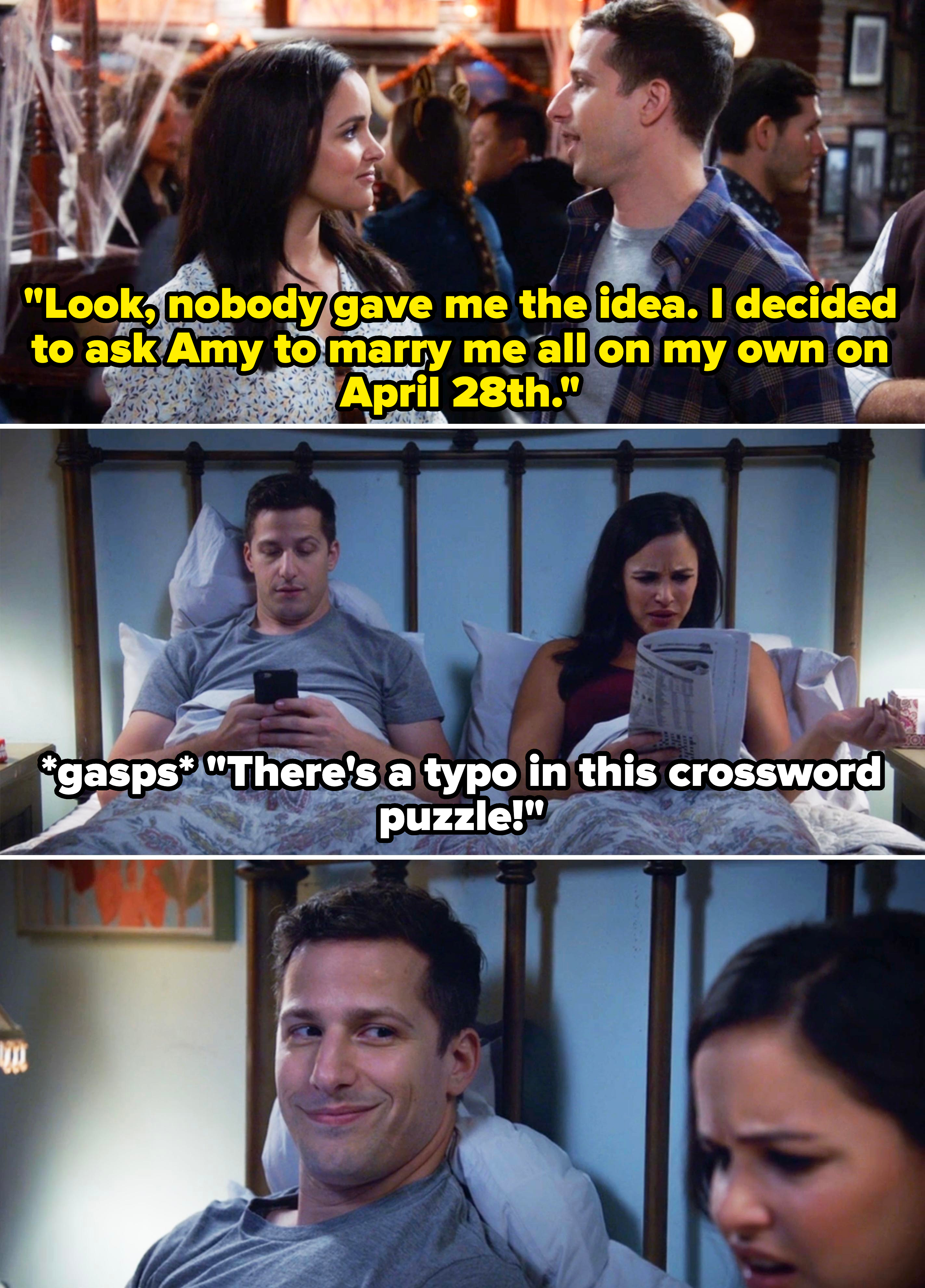 Three scenes from &quot;Brooklyn Nine-Nine&quot; featuring Andy Samberg and Melissa Fumero as Jake Peralta and Amy Santiago, interacting at a party and in bed