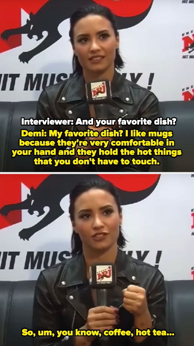 Demi Lovato sits for an interview discussing favorite dishes, mentioning a preference for mugs due to their comfort and practicality for hot drinks like coffee and tea