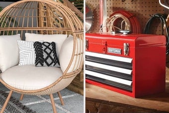 A cozy rattan egg chair with white cushions alongside a red Craftsman toolbox with organized tools in a workshop setting