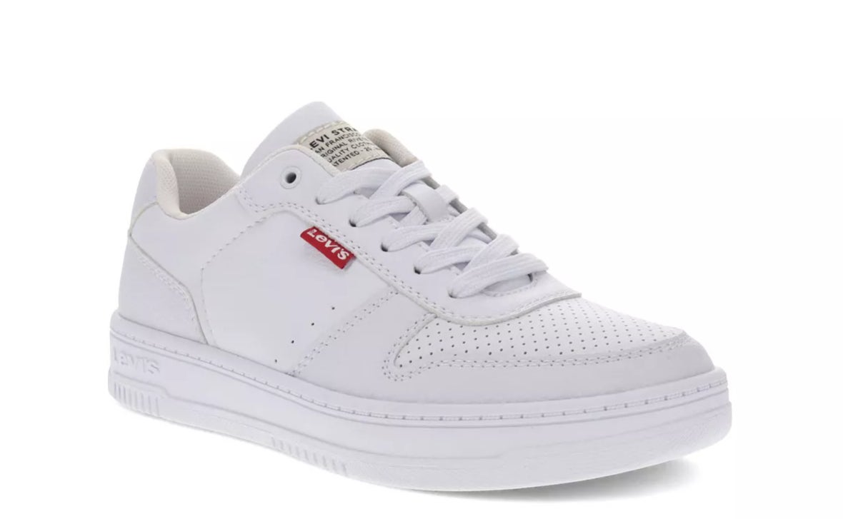 A single white sneaker with laces, featuring a small red Levi&#x27;s logo patch on its side and perforated details on the toe area