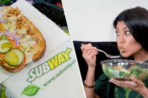 Subway sandwich with chicken and vegetables on left; Kourtney Kardashian eating a salad on right