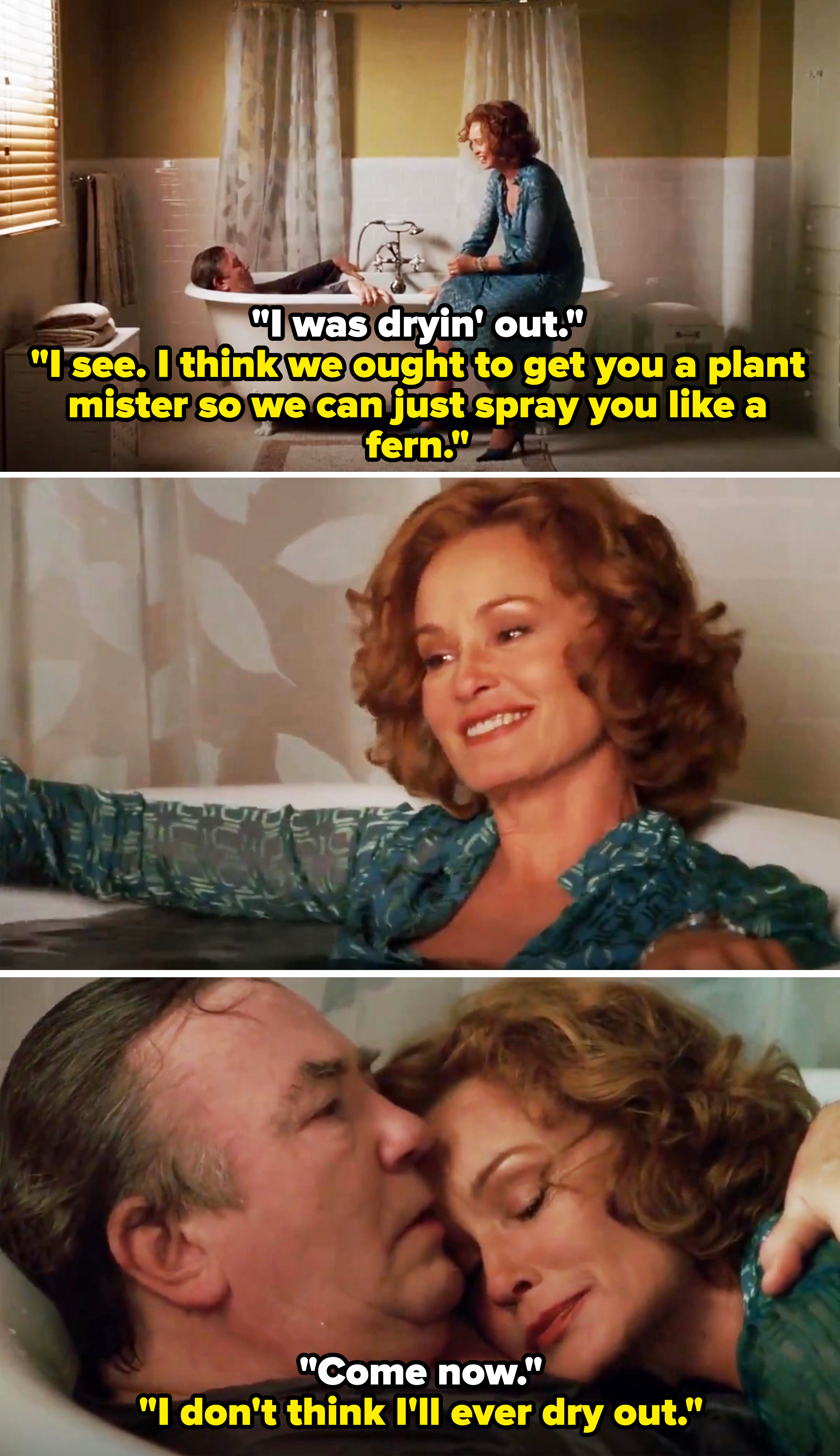 Jessica Lange, in a blue patterned dress, and Albert Finney in a bathtub together, with closer shots showing affectionate and emotional moments