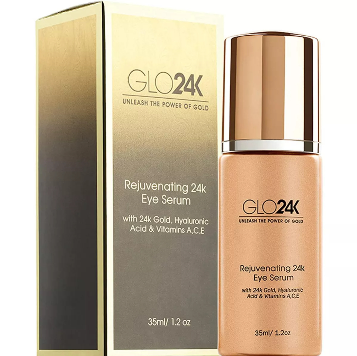 GLO24K Rejuvenating 24k Eye Serum with 24k Gold, Hyaluronic Acid &amp;amp; Vitamins A, C, E in a 35ml bottle next to its box