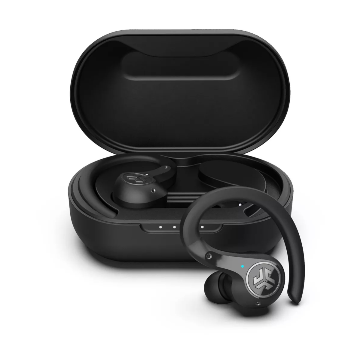 Open black earbuds charging case with a single earbud lying outside in front