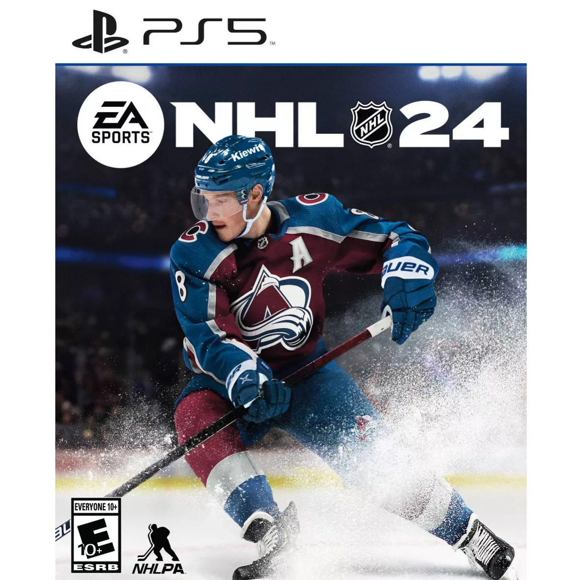 Cover of PS5 game NHL 24 featuring an ice hockey player in action wearing a Colorado Avalanche jersey. Logos include EA Sports, NHL, ESRB 10+, and NHLPA