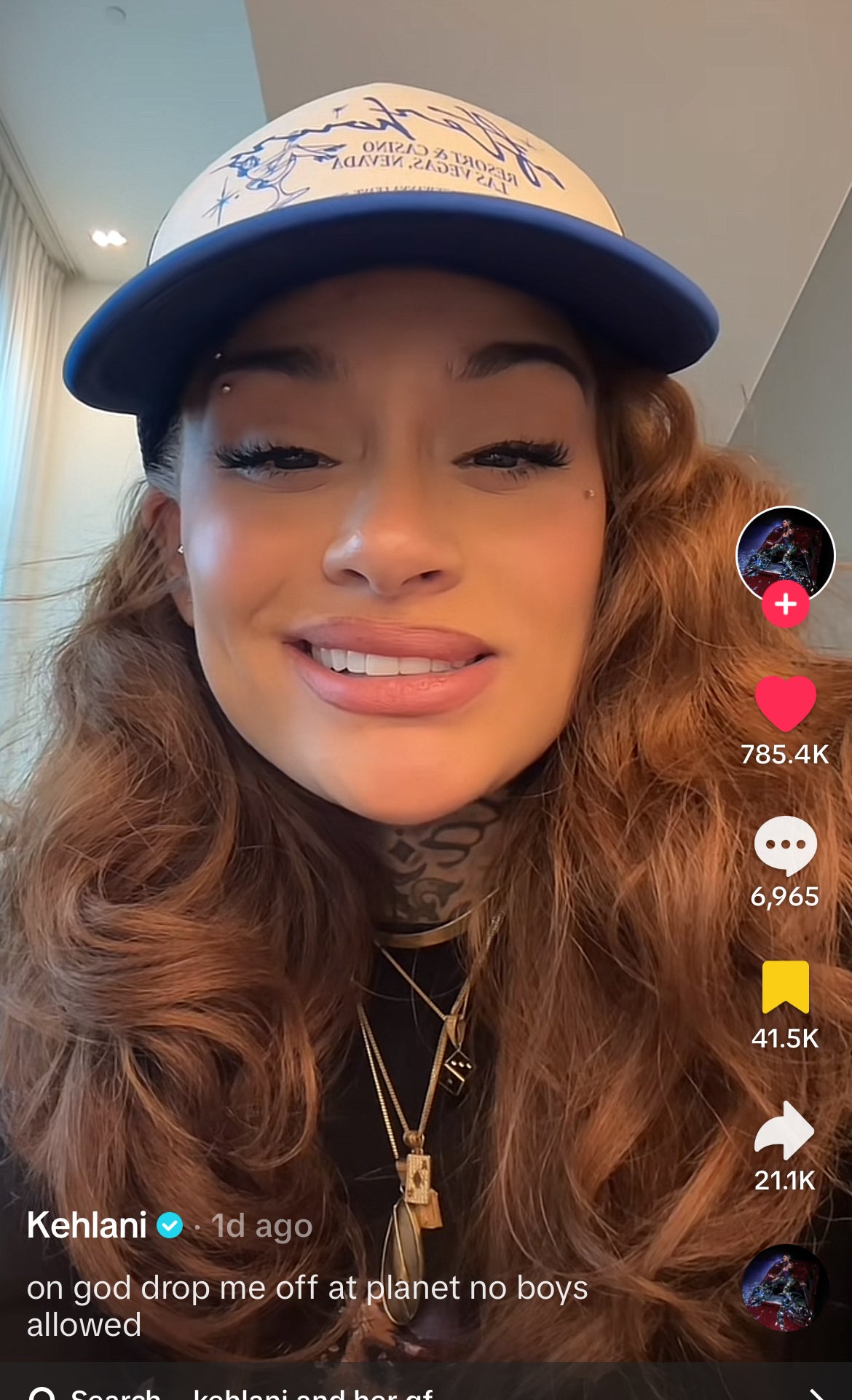 Kehlani wearing a hat, smiling in a TikTok video with text: &quot;on god drop me off at planet no boys allowed.&quot; Video has 785.4K likes and 21.1K shares