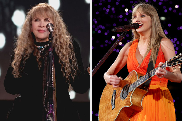 Stevie Nicks performs in a black outfit next to Taylor Swift playing guitar dressed in an orange jumpsuit on stage