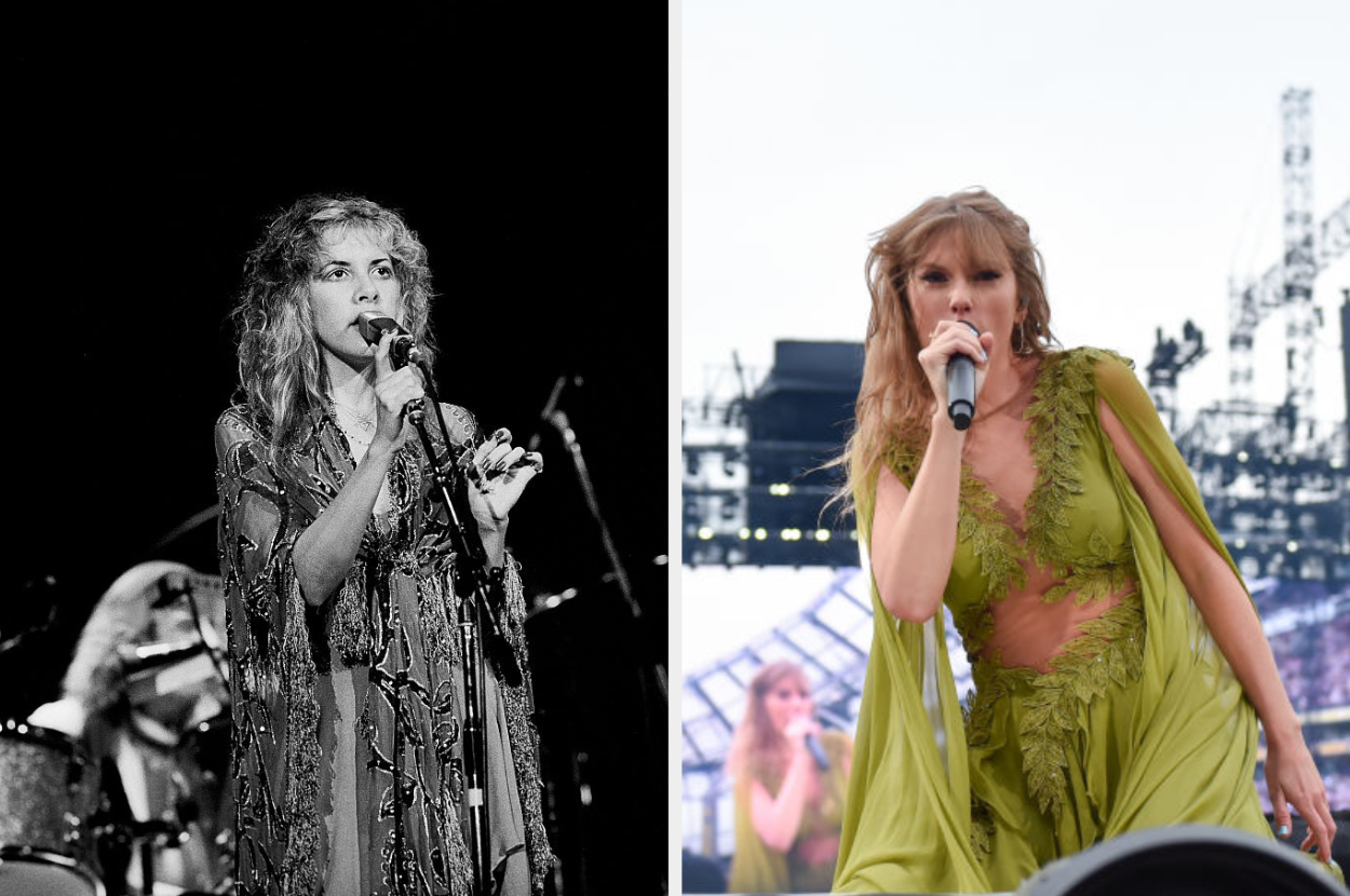 Stevie Nicks performs on stage with a microphone. Taylor Swift sings on stage in a green, flowing dress