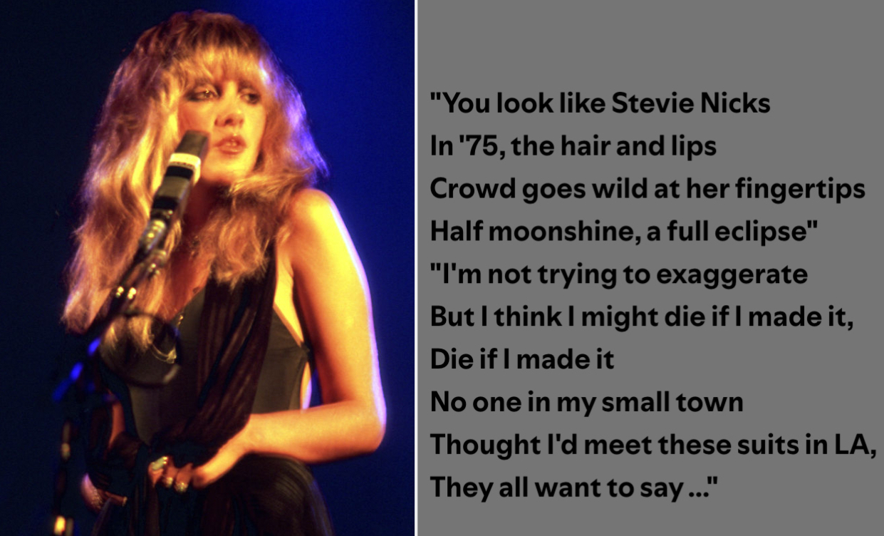 Stevie Nicks performing on stage, holding a microphone. Side text reads, &quot;You look like Stevie Nicks, In &#x27;75, the hair and lips, Crowd goes wild at her fingertips, Half moonshine, a full eclipse...&quot;