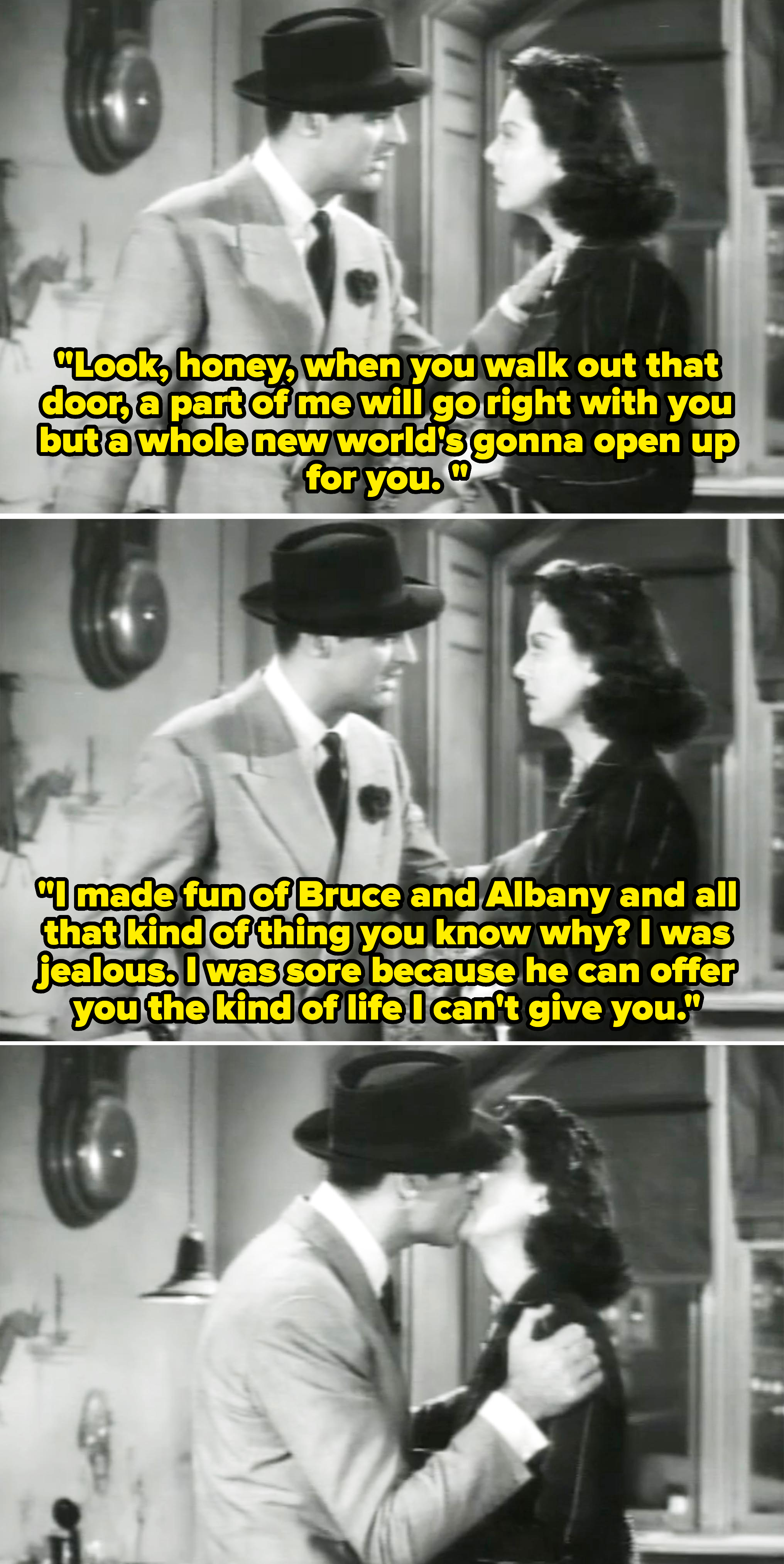 Three black-and-white film stills show Cary Grant in a suit and hat, and Rosalind Russell in a striped dress. They share an emotional moment followed by a kiss