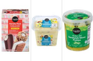 A variety of Signature Select grocery items: ice cream treat variety pack, classic potato salad, and kosher dill sandwich slices pickles