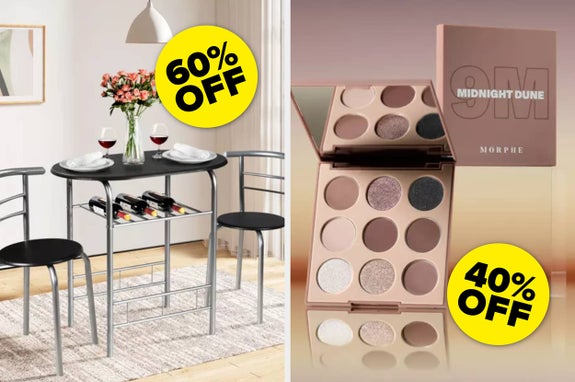 Dining set with 60% off sign and Morphe eyeshadow palette with 40% off sign