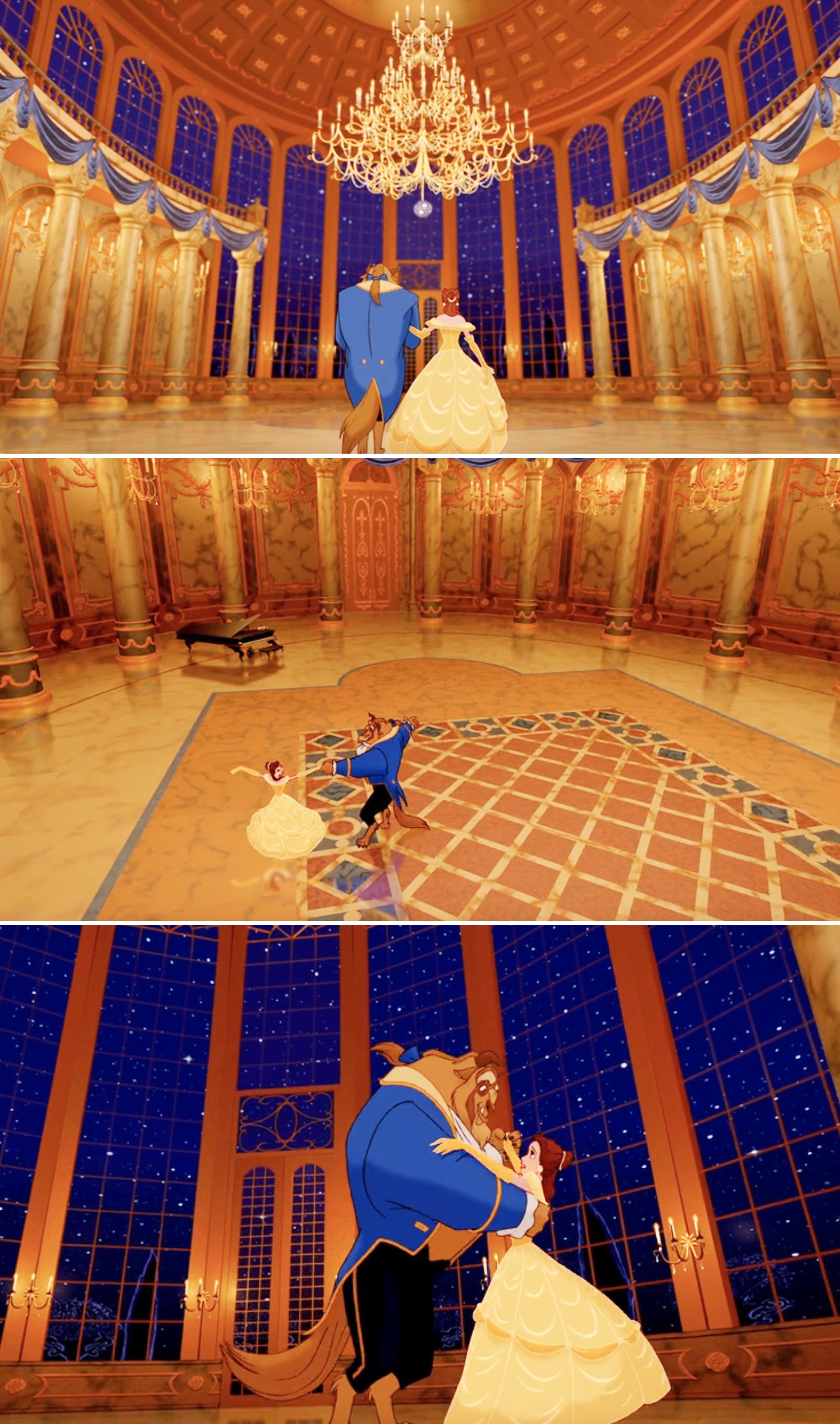 Belle and Beast waltz in a grand ballroom under a chandelier, from Disney&#x27;s Beauty and the Beast