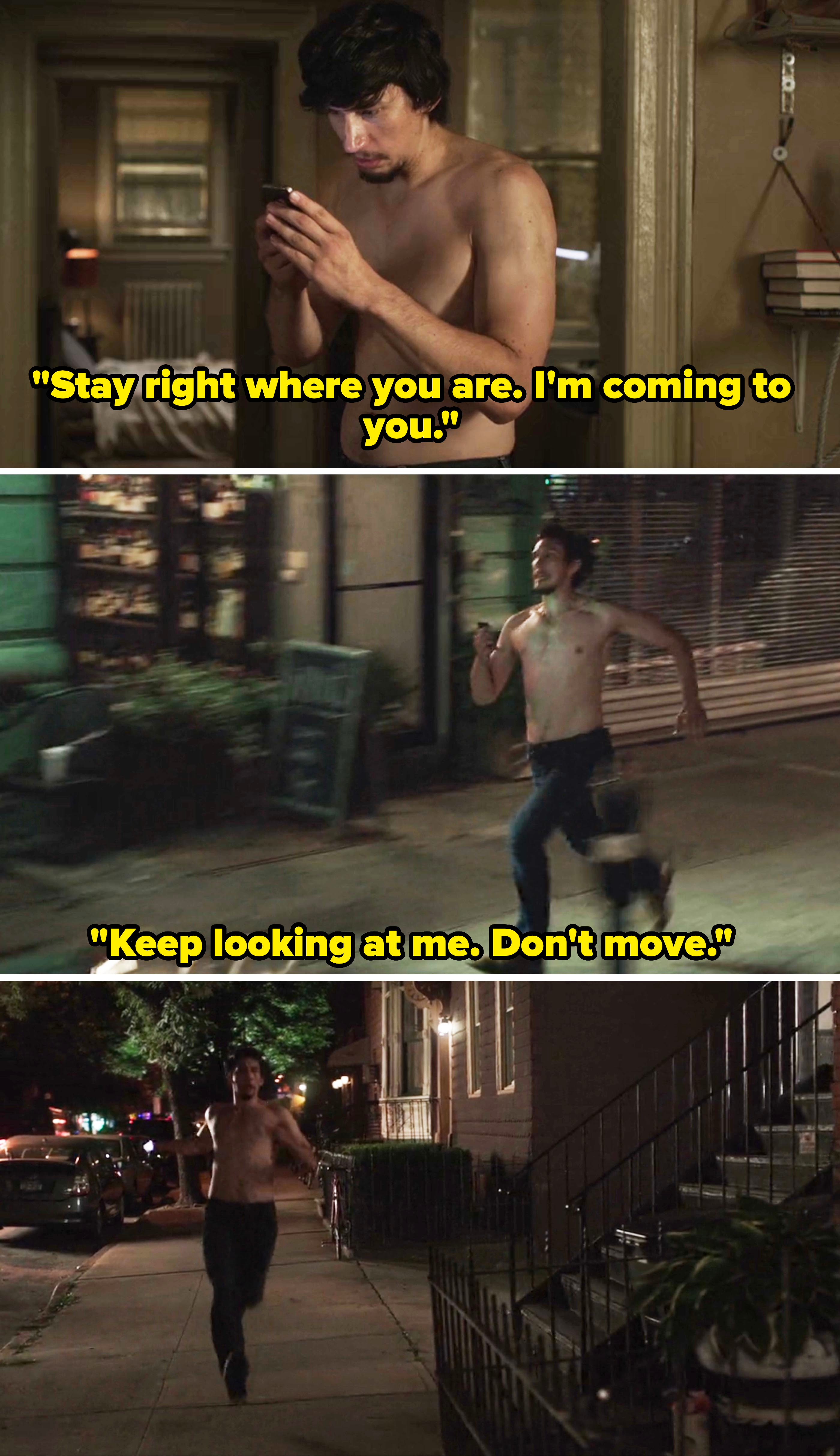 Adam Driver is seen shirtless and using a phone, running through city streets at night in scenes from &quot;Girls.”