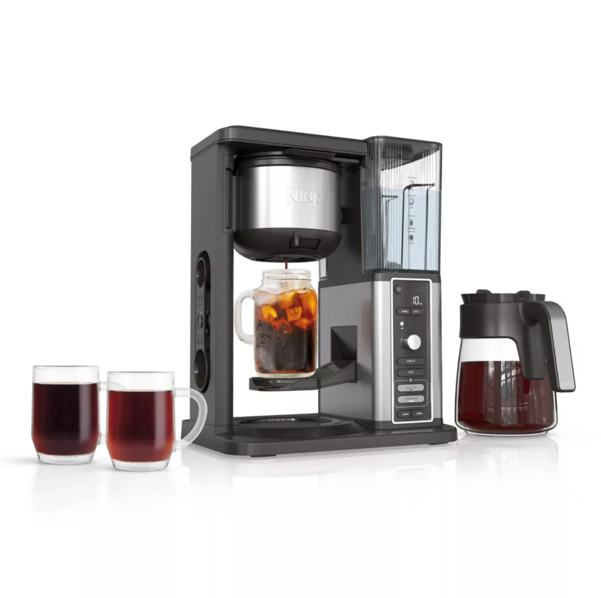 Ninja Hot and Cold Brewed System coffee maker with a glass carafe, an iced coffee brew, and two cups of brewed coffee