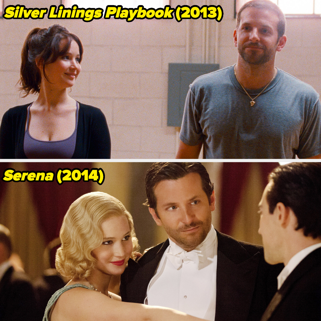 Top image: Jennifer Lawrence and Bradley Cooper in casual clothing from the movie Silver Linings Playbook (2013). Bottom image: Jennifer Lawrence and Bradley Cooper in formal attire from the movie Serena (2014)