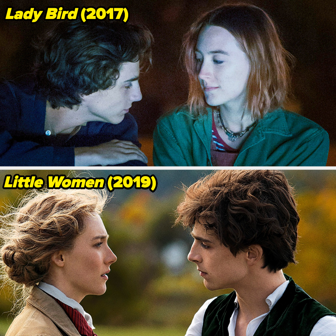 Timothée Chalamet and Saoirse Ronan in scenes from &quot;Lady Bird&quot; (2017) and &quot;Little Women&quot; (2019). In both, they gaze at each other intently