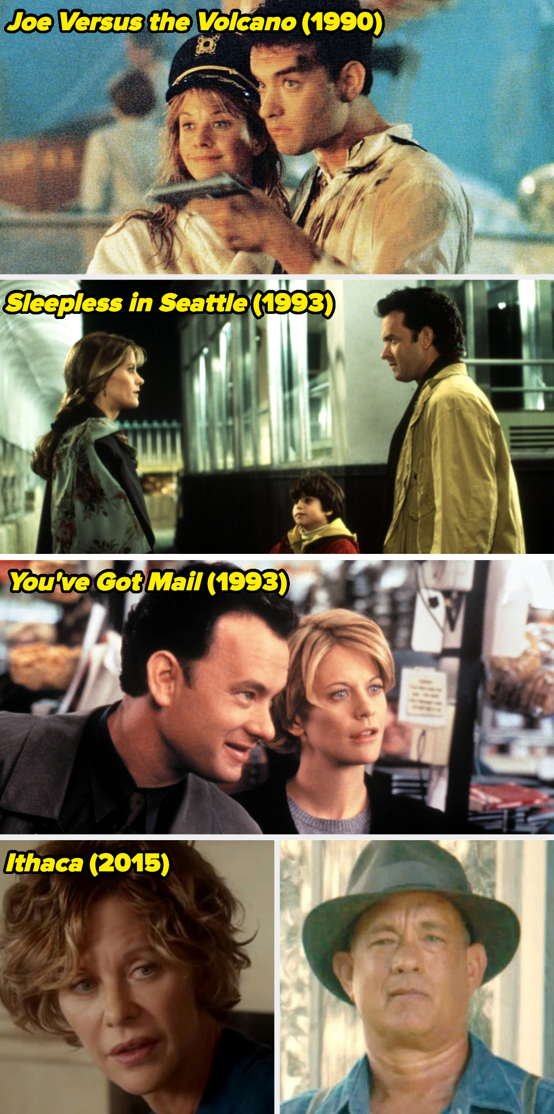 Meg Ryan and Tom Hanks in scenes from &quot;Joe Versus the Volcano,&quot; &quot;Sleepless in Seattle,&quot; and &quot;You&#x27;ve Got Mail,&quot; and from &quot;Ithaca&quot; (only Meg Ryan in this film)