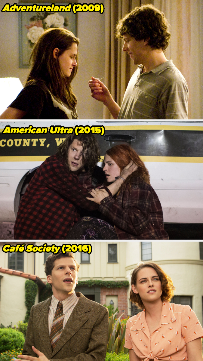 Kristen Stewart and Jesse Eisenberg in scenes from &quot;Adventureland&quot; (2009), &quot;American Ultra&quot; (2015), and &quot;Café Society&quot; (2016). 

