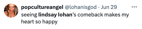 Instagram post by user @lohanisgod on June 29 reads: &quot;seeing lindsay lohan’s comeback makes my heart so happy.&quot;