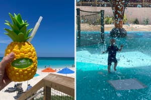 Left: Person holding a pineapple-shaped cup labeled "Disney Cruise Line" on a beach. Right: Child playing under water splashes in a water park area