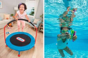 A young child jumping on a Little Tikes trampoline indoors. Another young child underwater in a pool, holding colorful toys