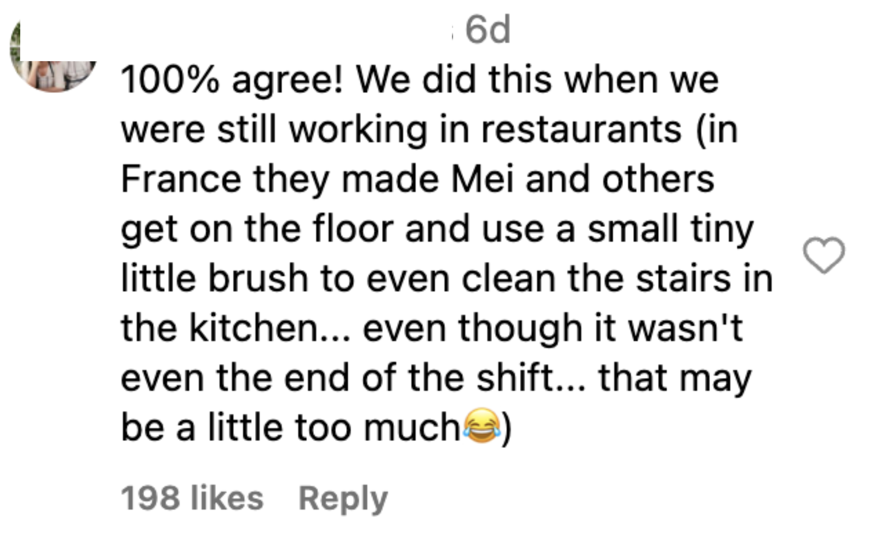 A comment by two_plaid_aprons stating that in France, restaurant staff, including Mei, had to use a small brush to clean stairs while still on shift. The commenter agrees it was excessive
