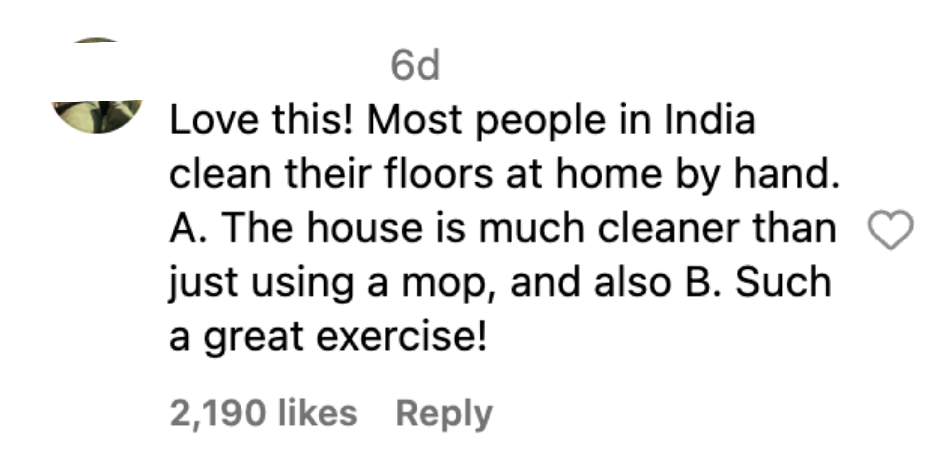 Instagram comment by letsdiscoh: &quot;Love this! Most people in India clean their floors at home by hand. A. The house is much cleaner than just using a mop, and also B. Such a great exercise!&quot; 2,190 likes