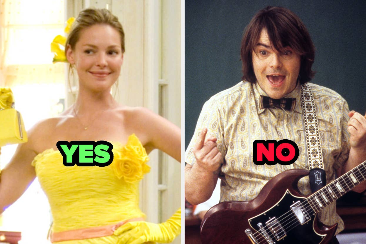 Katherine Heigl in a strapless dress with gloves and a flower in her hair on the left, Jack Black with a guitar in a shirt and bowtie on the right. "YES" is on Heigl's side, "NO" on Black's side