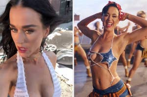 Katy Perry in a white crochet top on the left and a blue star-shaped top with denim shorts on the right