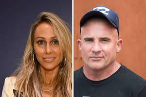 Tish Cyrus and Dominic Purcell are pictured side by side. Tish is smiling, wearing her hair down and a jacket. Dominic is wearing a baseball cap and a solid t-shirt