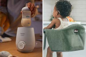 On the left, a Philips Avent baby bottle warmer is being used to warm a baby bottle. On the right, a young child sits in a Chicco clip-on high chair at a kitchen counter