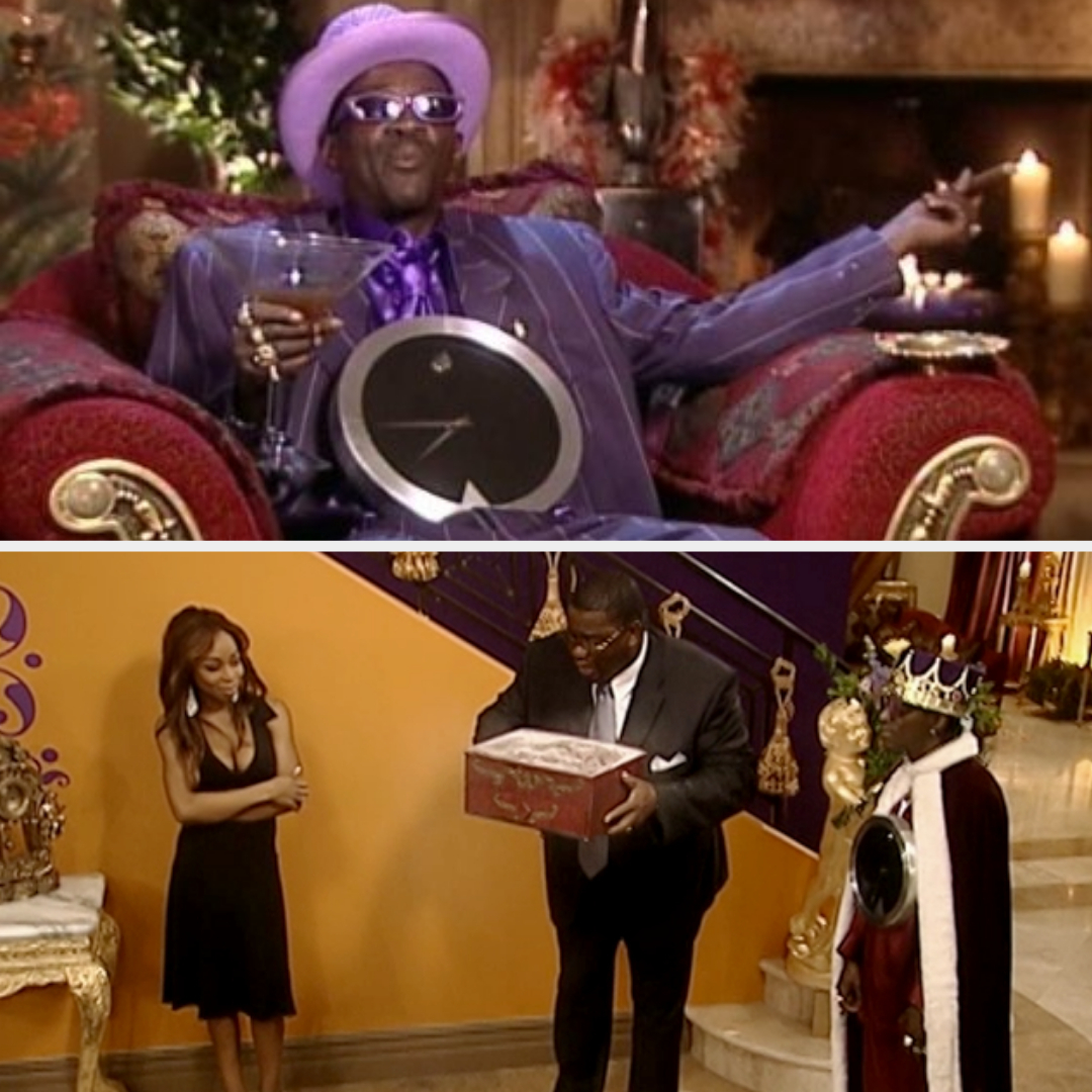 Top image: Flavor Flav in a stylish suit and hat, holding a drink and cigar. Bottom image: Flavor Flav alongside two people, one holding a box ceremoniously