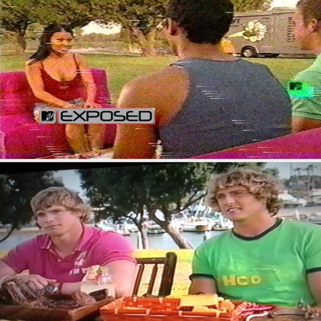 A woman in a red top on MTV&#x27;s Exposed (top). Two men in casual clothing are sitting outdoors by a marina (bottom)