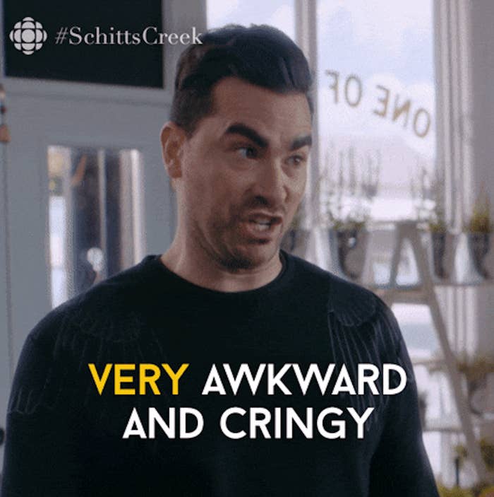 Dan Levy, from Schitt&#x27;s Creek, makes a funny, grimacing face with text overlay: &quot;VERY AWKWARD AND CRINGY.&quot;