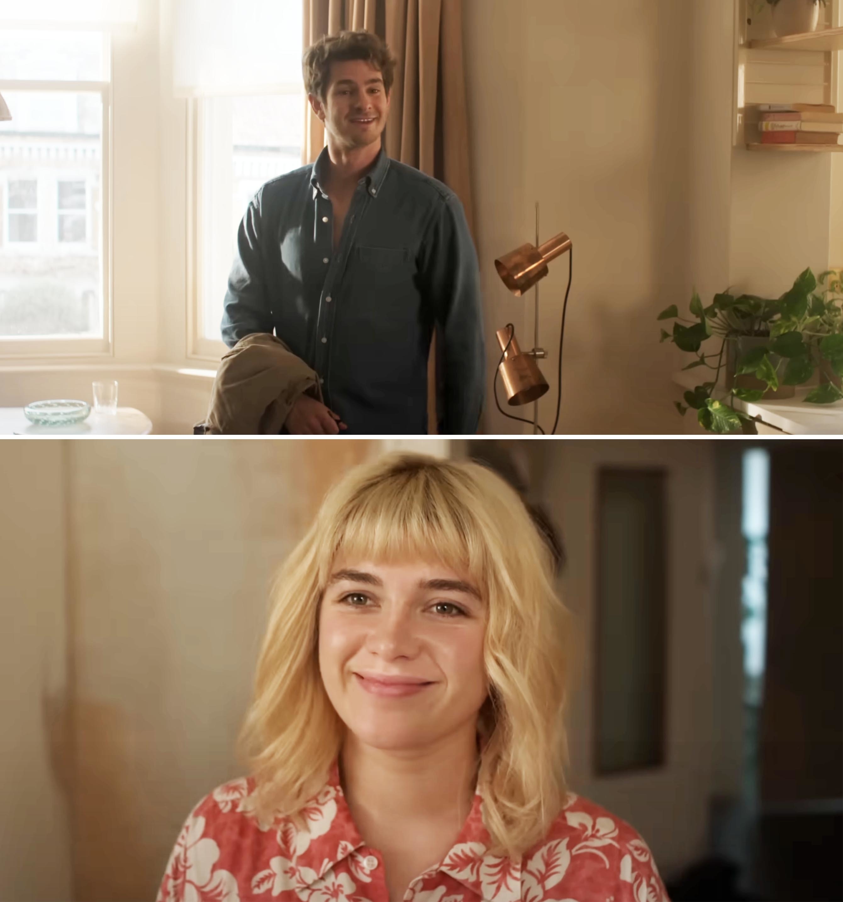 Andrew Garfield and Florence Pugh in a cozy home setting, smiling at each other warmly