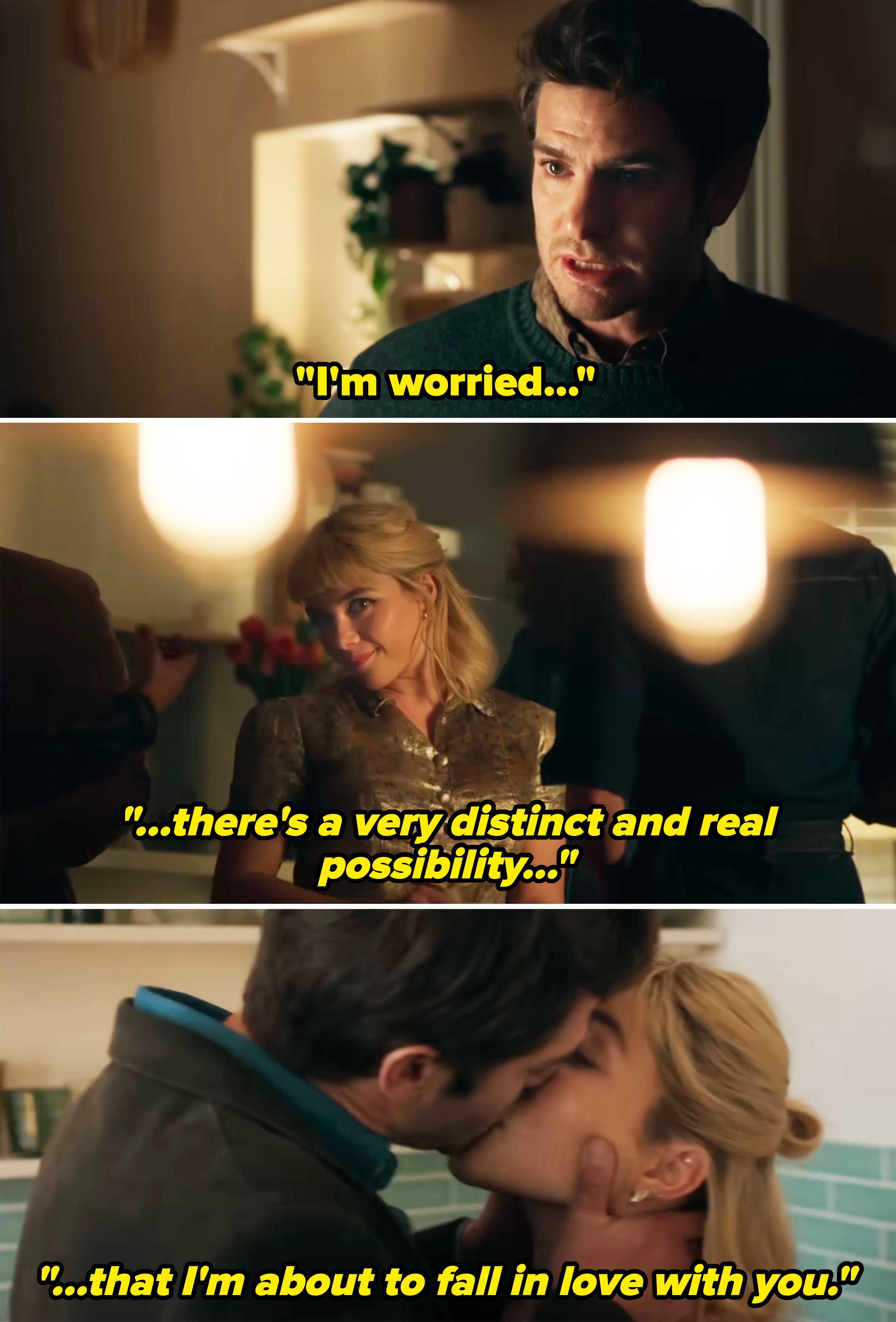 Three scenes with Florence Pugh and Andrew Garfield from a TV show or movie: a conversation in a kitchen, Florence smirking at a party, and Florence and Andrew sharing a kiss