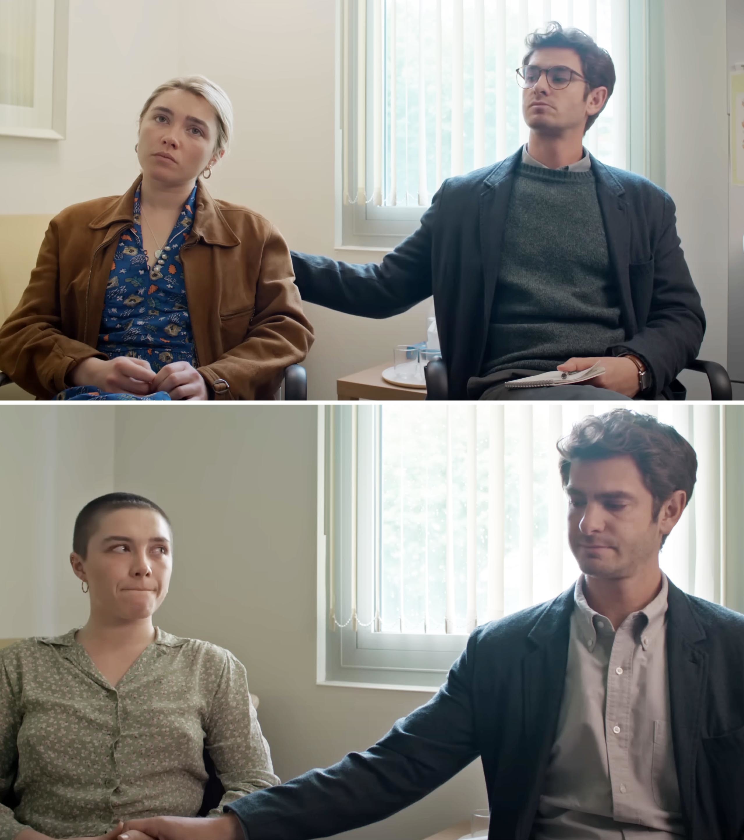 Florence Pugh and Andrew Garfield sit together in a therapist&#x27;s office in scenes from a TV show. Florence wears a long-sleeve shirt; Andrew is in a blazer