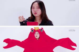 Top: Woman eats from a bowl with a spoon. Bottom: Same woman dressed in a large crab costume with extended arms and eyes on stalks, holding a golden scepter