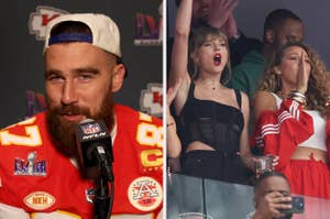 Travis Kelce speaks at an NFL press event. Taylor Swift and Blake Lively cheer in a stadium box. Taylor wears a black top; Blake wears a white and red jacket